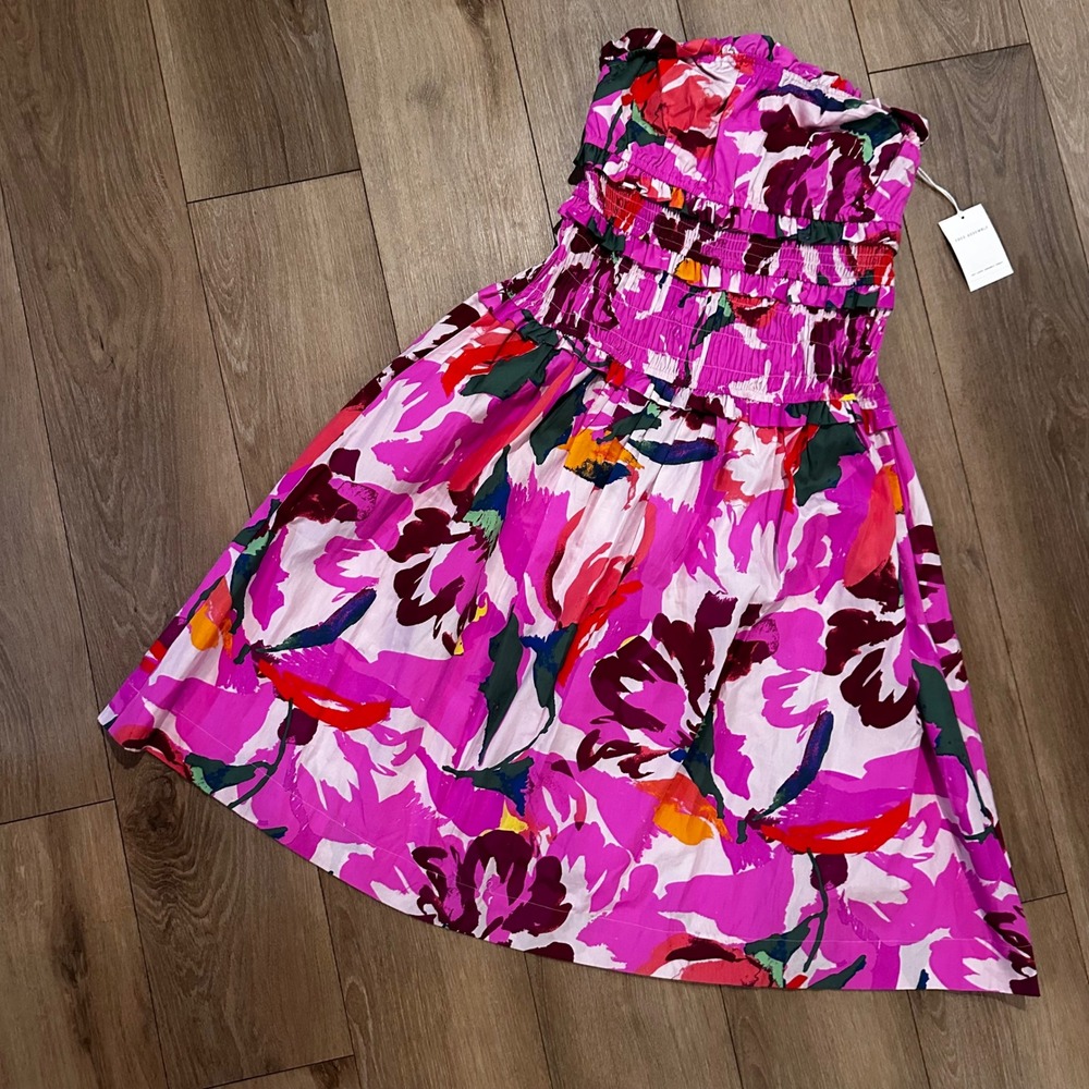 Free Assembly Strapless Smocked Midi Dress Pink Taffy Floral Pockets M 8-10
